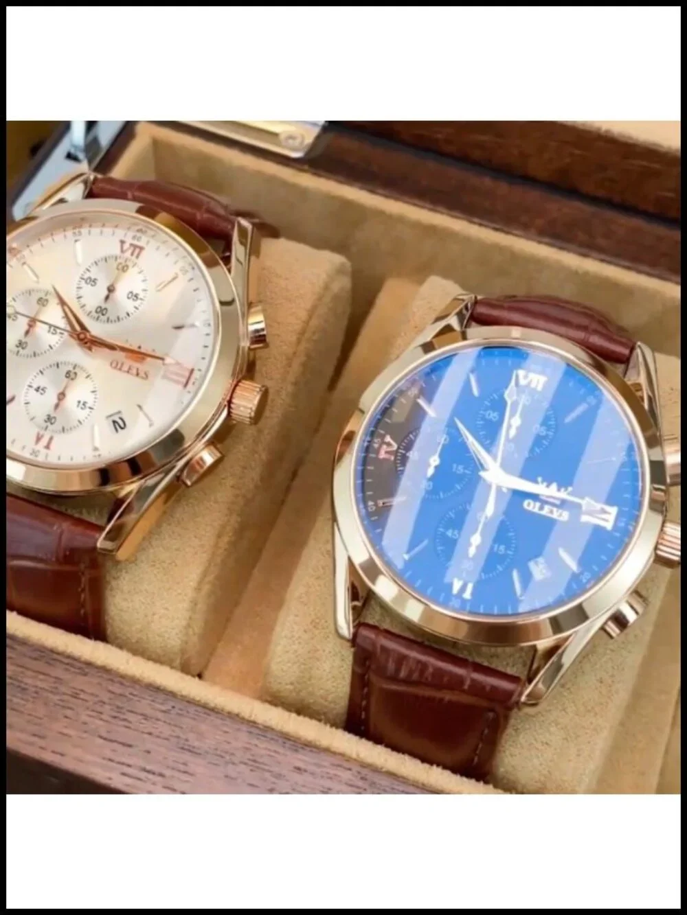 Men's Leather Chronograph Watch Big Face Roman Numeral Quartz 40mm